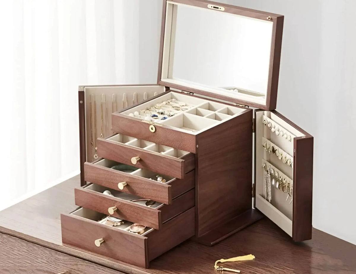 5 Layer Large Solid Wood Jewellry Box with Lock Drawer