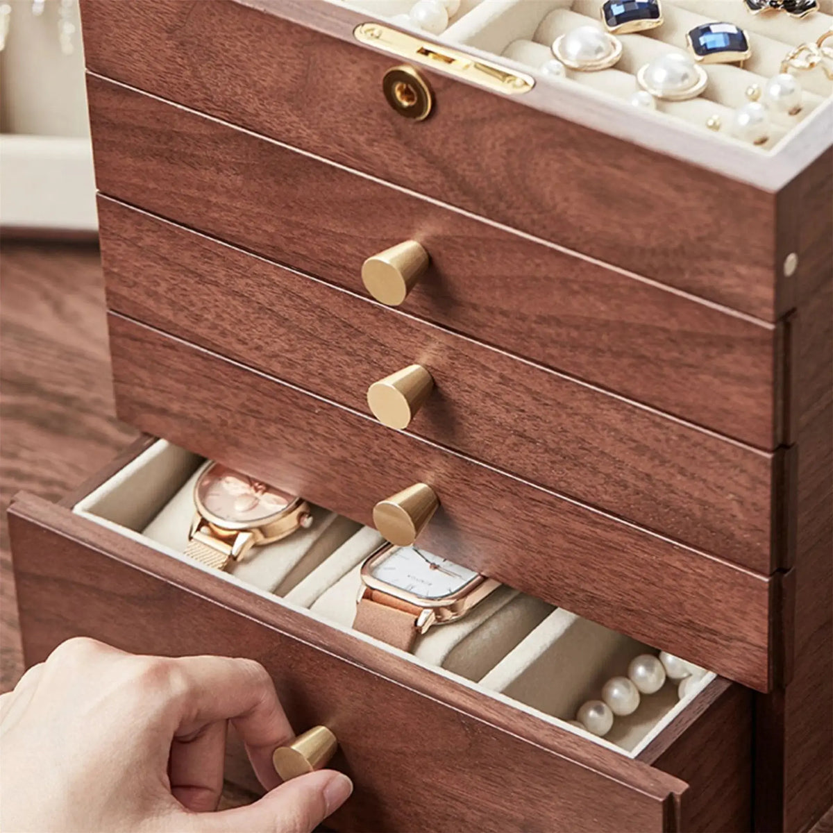 5 Layer Large Solid Wood Jewellry Box with Lock Drawer