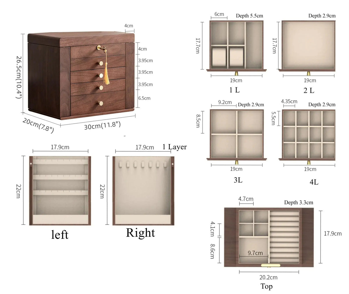 5 Layer Large Solid Wood Jewellry Box with Lock Drawer