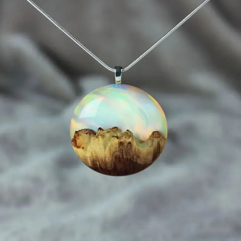 Aurora Borealis Opal Resin and Wood Jewelry