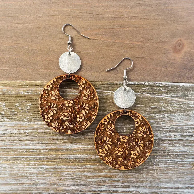 Beautiful Floral Engraved Dangle Earrings With Disc |