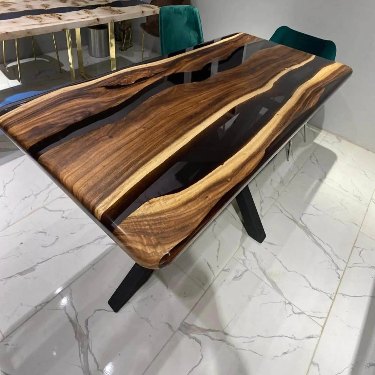 Black Epoxy River  Table Top | Live Edge Resin Table Top | Suar Wood Resin Table