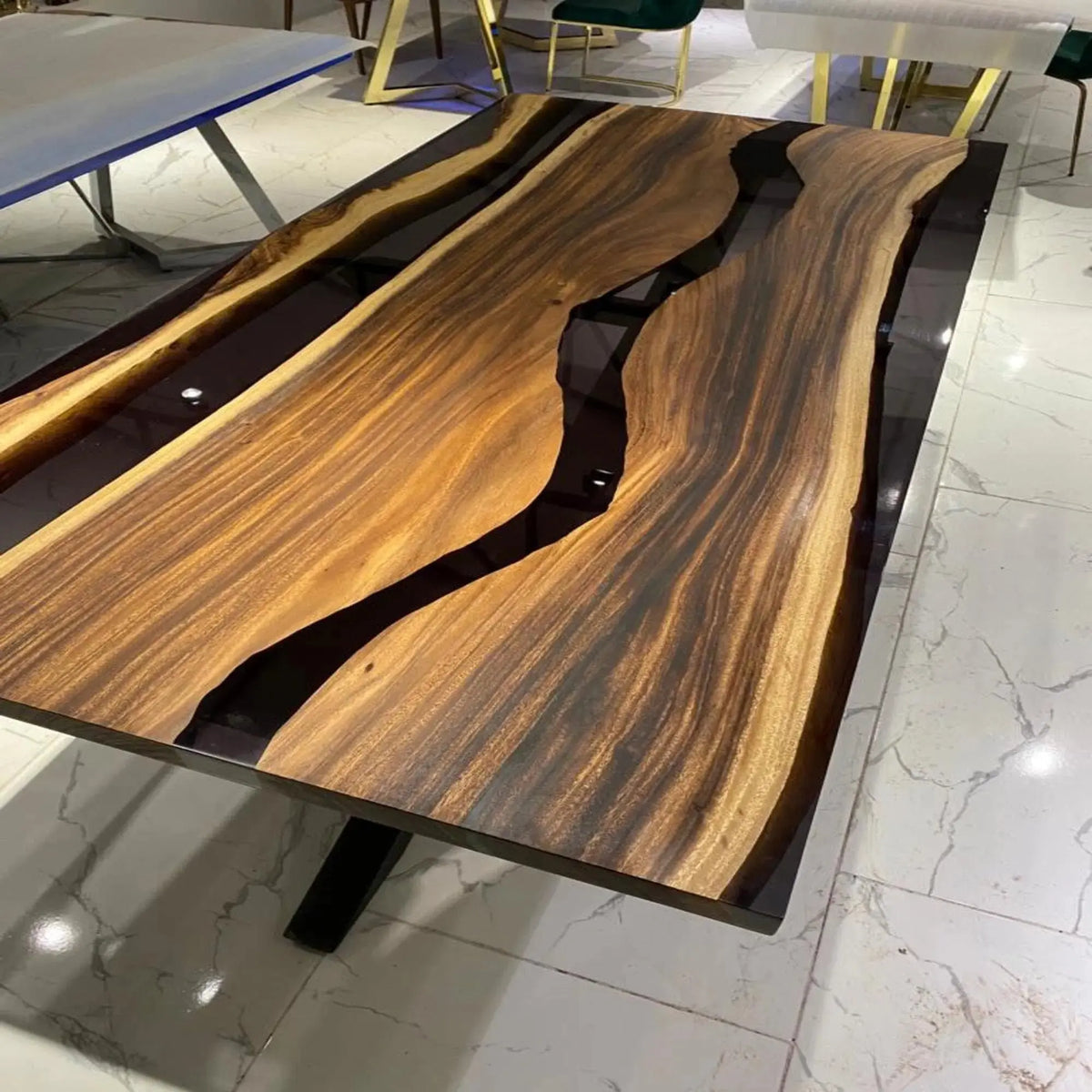 Black Epoxy River  Table Top | Live Edge Resin Table Top | Suar Wood Resin Table