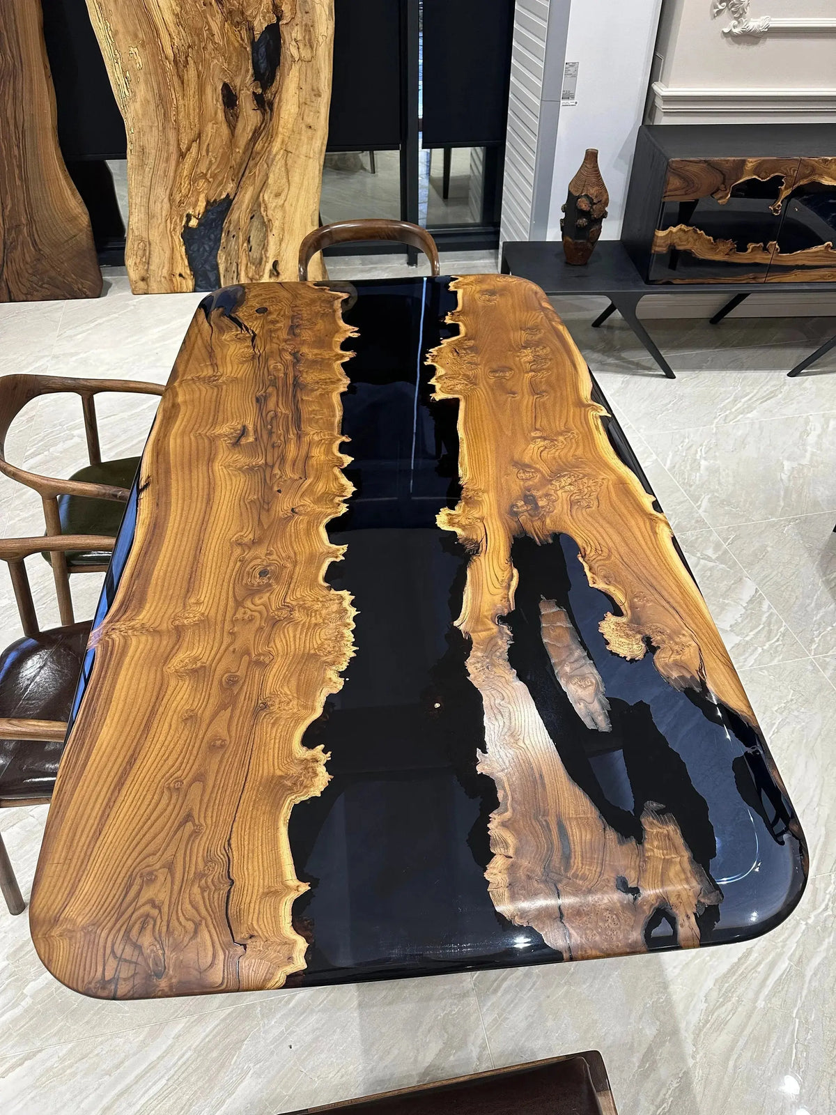 Clear Black Resin River Epoxy Table Top | Natural Wood Dining Table