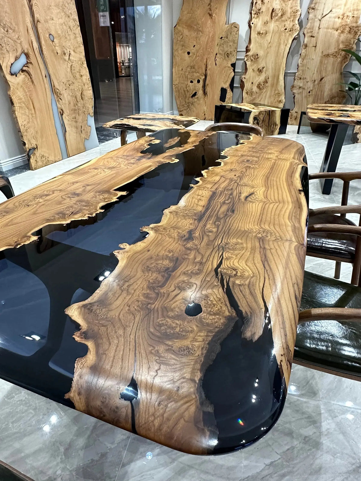 Clear Black Resin River Epoxy Table Top | Natural Wood Dining Table