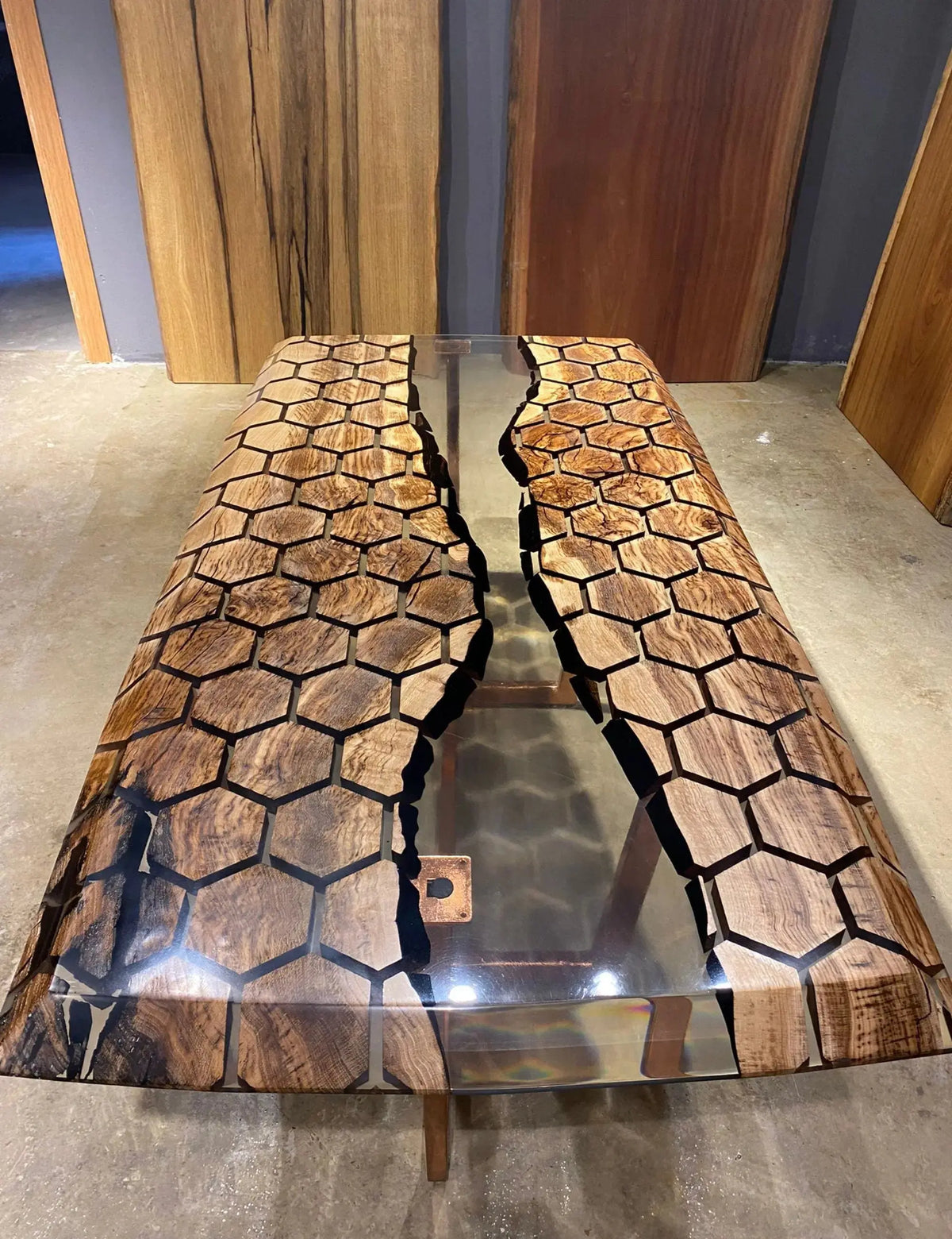 Clear Resin Hexagon Table Top | Epoxy River Dining Table | Natural Oak Wood