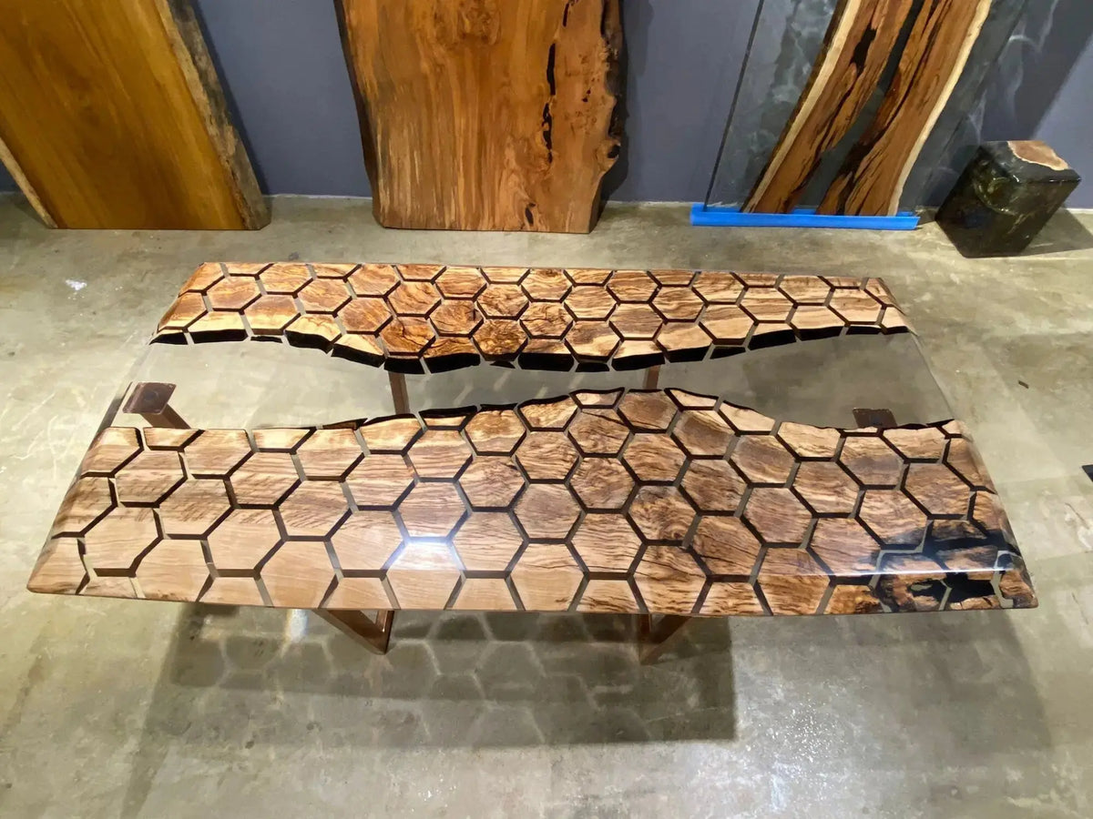 Clear Resin Hexagon Table Top | Epoxy River Dining Table | Natural Oak Wood