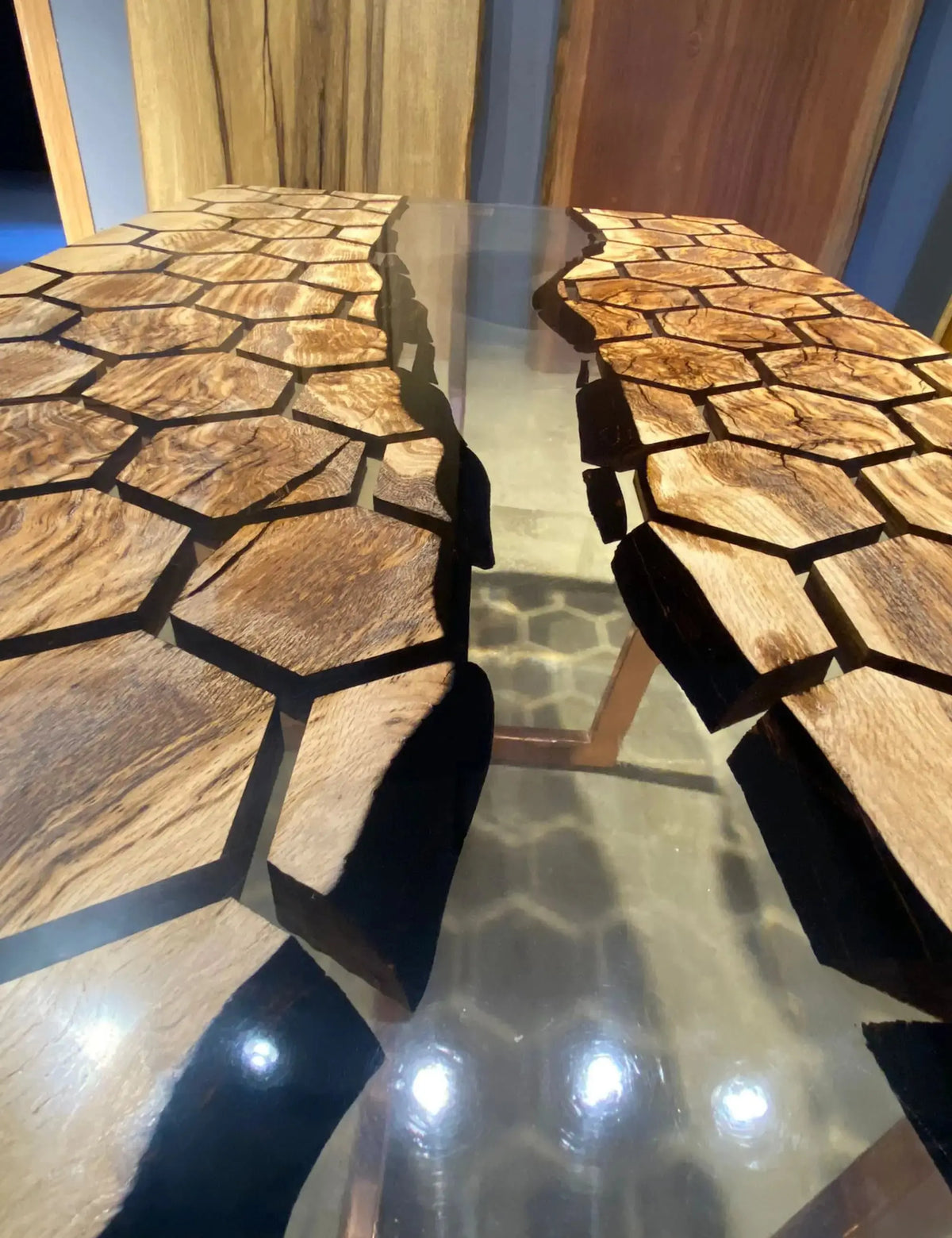 Clear Resin Hexagon Table Top | Epoxy River Dining Table | Natural Oak Wood