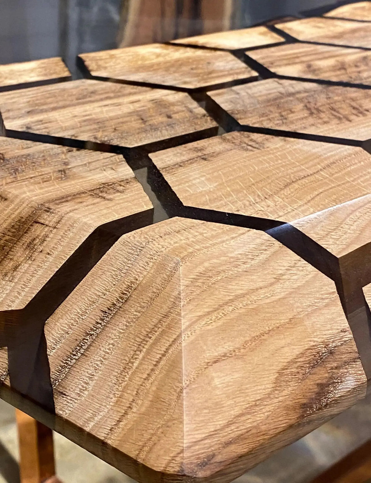 Clear Resin Hexagon Table Top | Epoxy River Dining Table | Natural Oak Wood