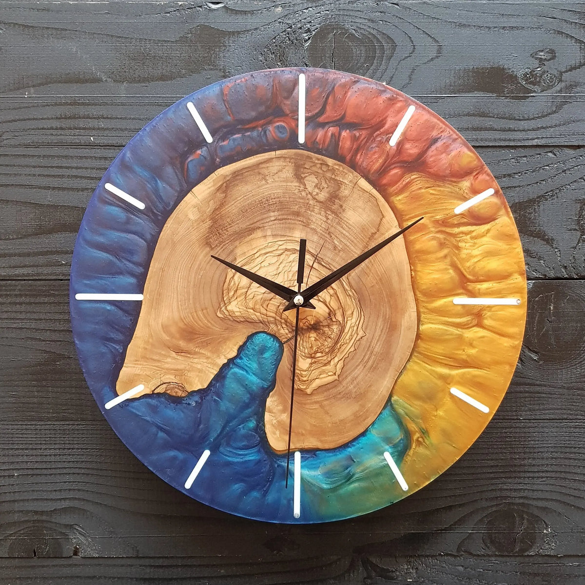 Custom Made Resin &amp; Olive Wood Wall Clock On Wooden