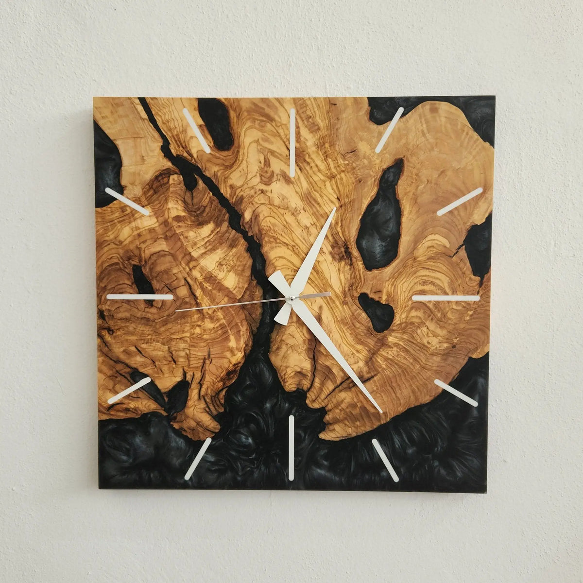 Custom Made Square Resin &amp; Olive Wood Wall Clock