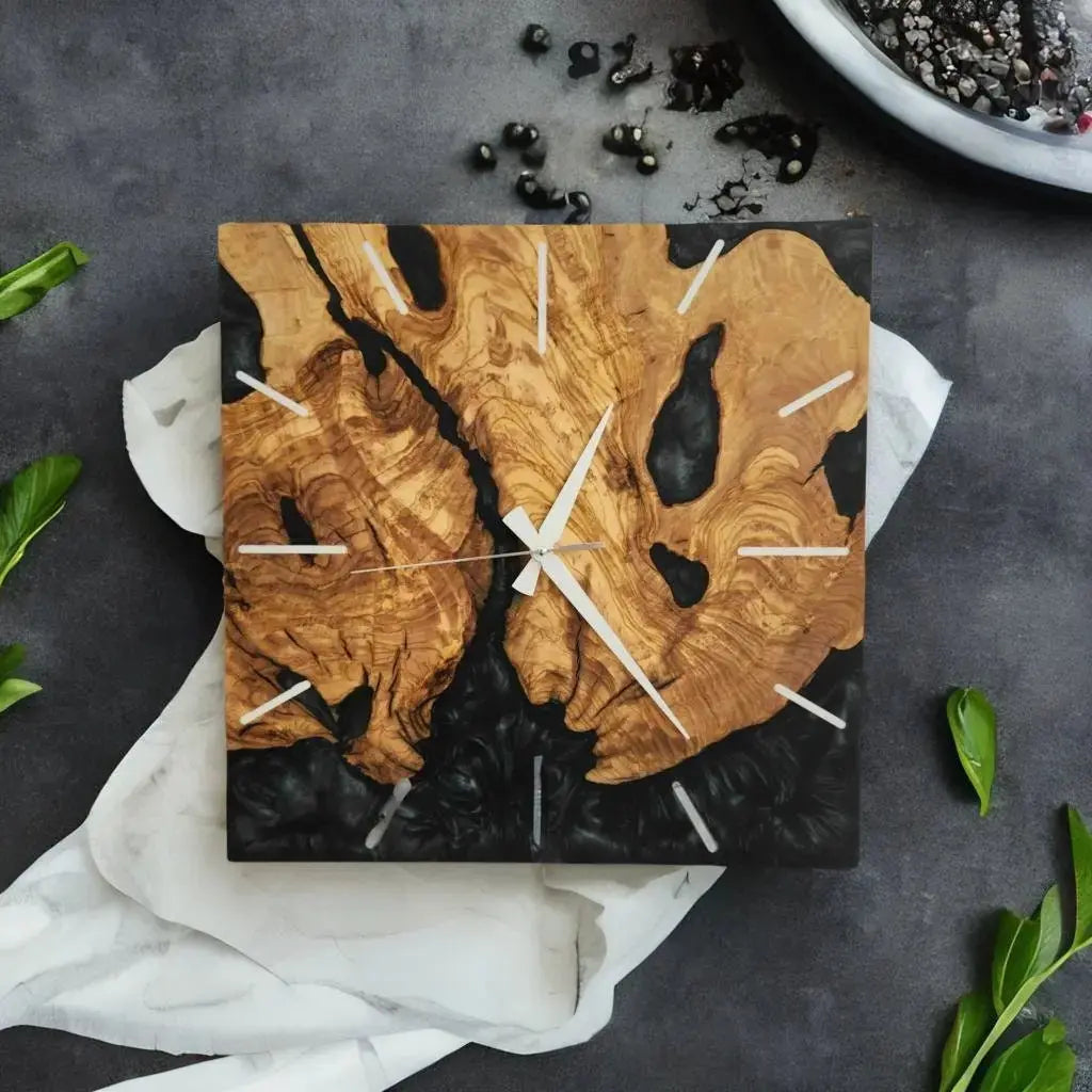 Custom Made Square Resin &amp; Olive Wood Wall Clock