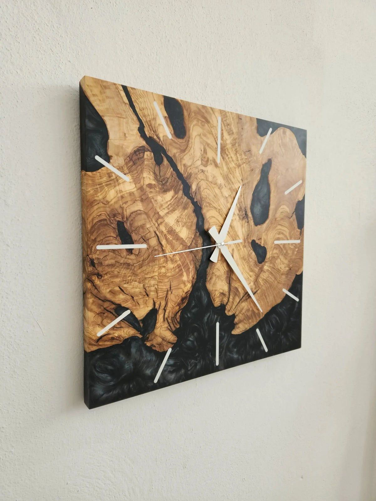 Custom Made Square Resin &amp; Olive Wood Wall Clock