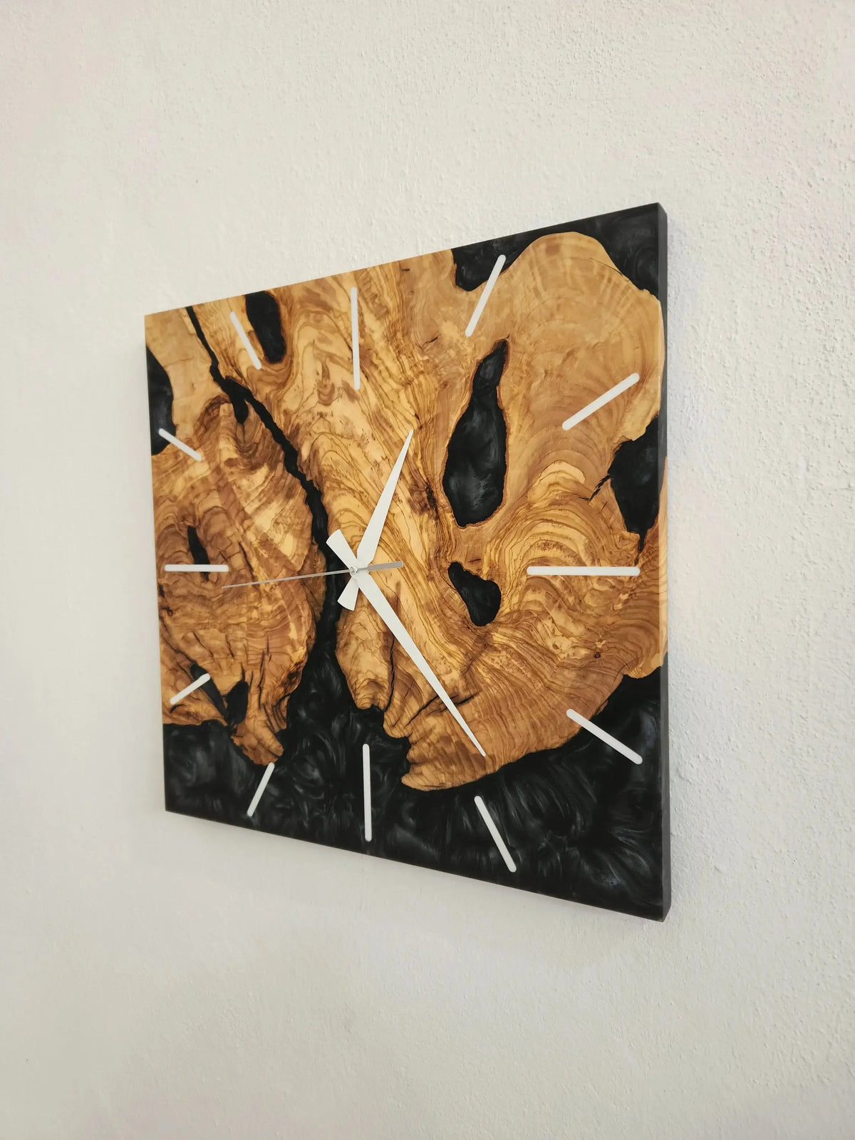 Custom Made Square Resin &amp; Olive Wood Wall Clock