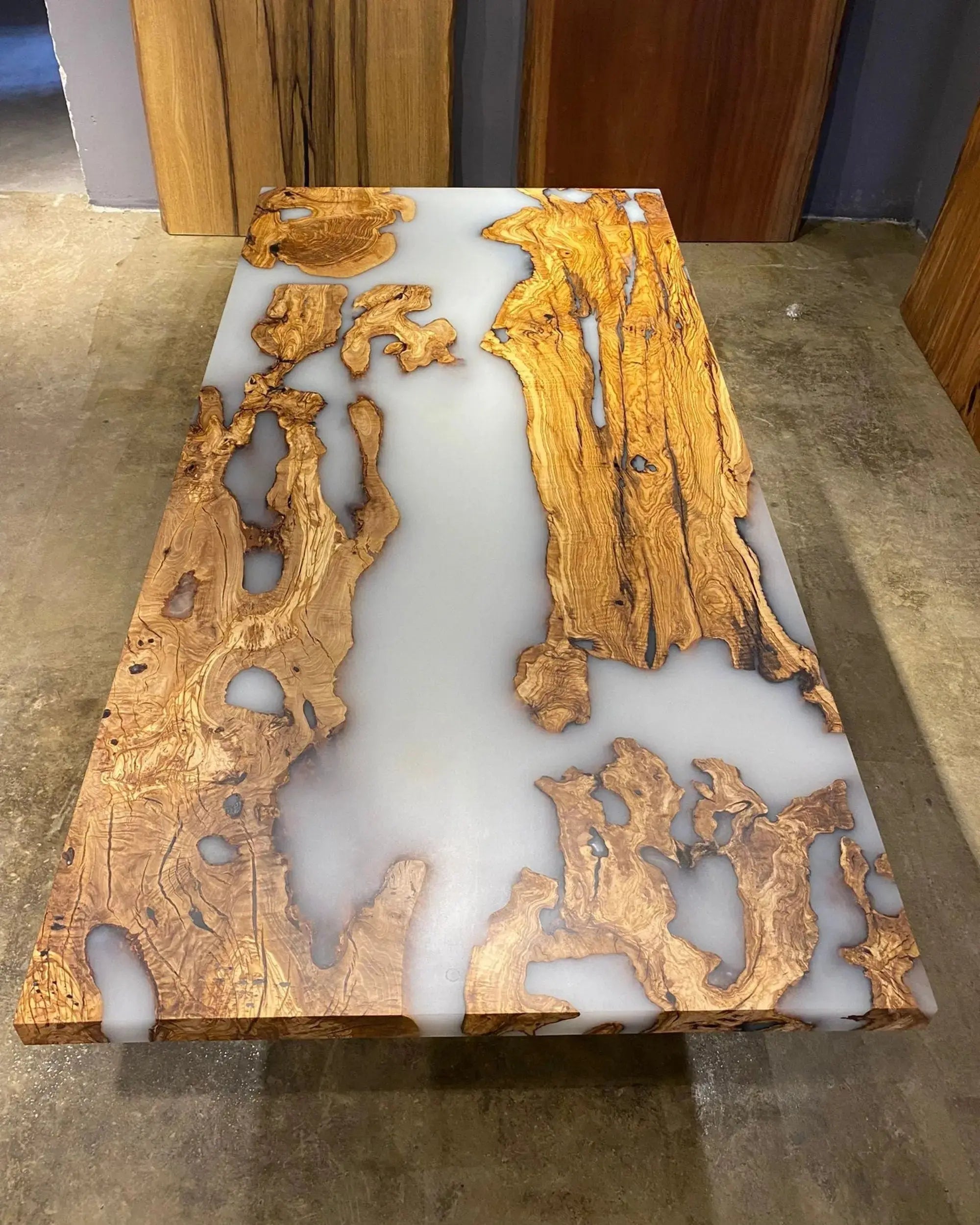 Made to Order Epoxy River Olive Wood Table Top | Live Edge Dining Table | Free Shipping | Olive Wood On Wooden