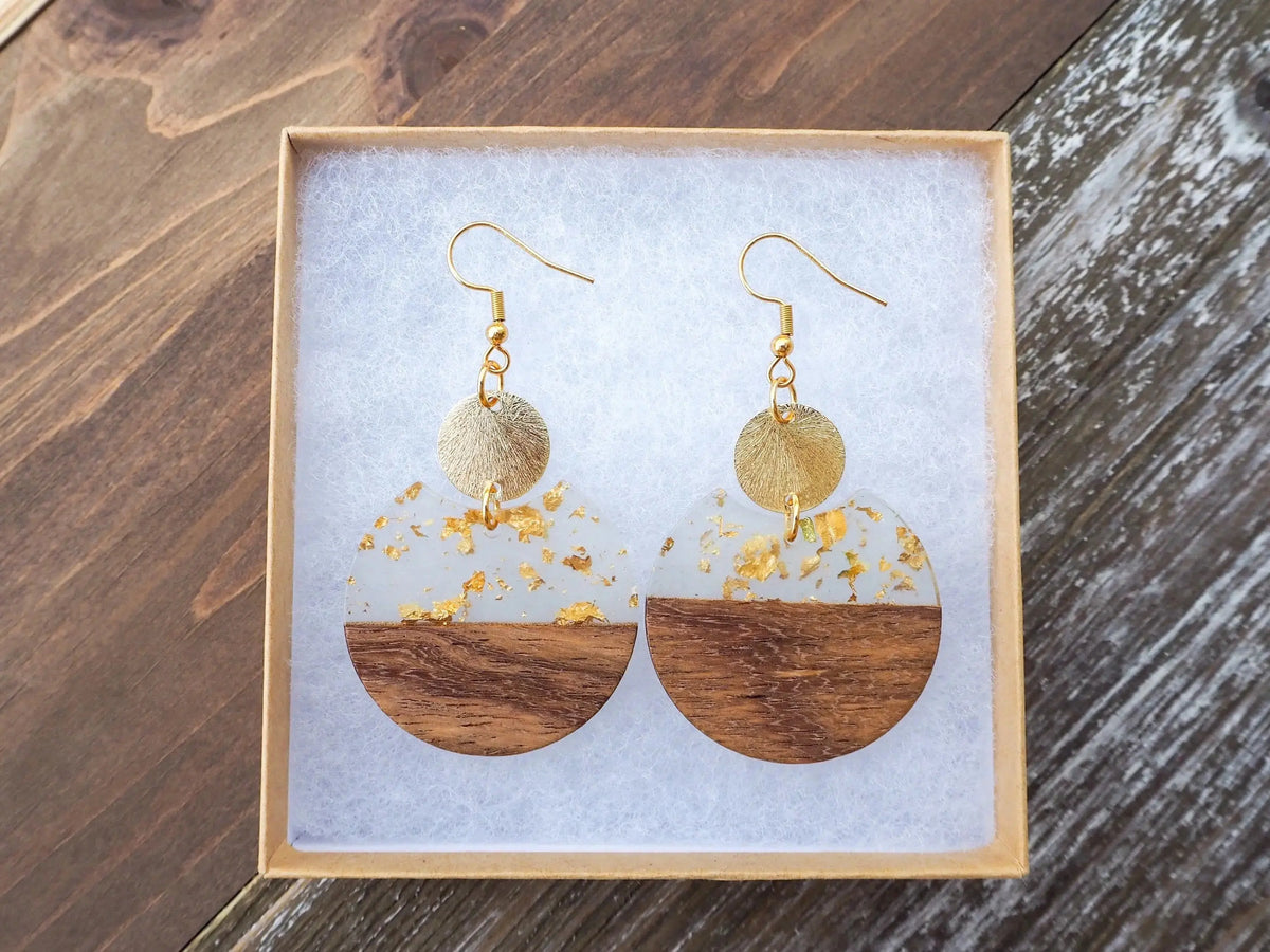 Gold Flakes &amp; Wood Circle Earrings With Disc