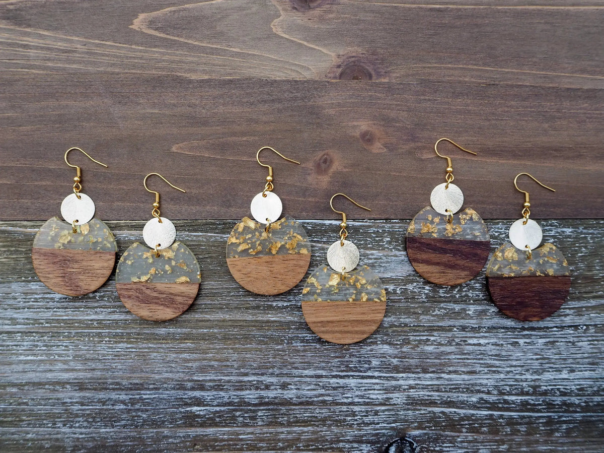 Gold Flakes &amp; Wood Circle Earrings With Disc