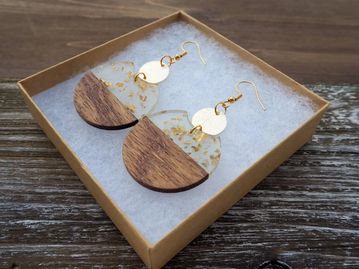 Gold Flakes &amp; Wood Circle Earrings With Disc