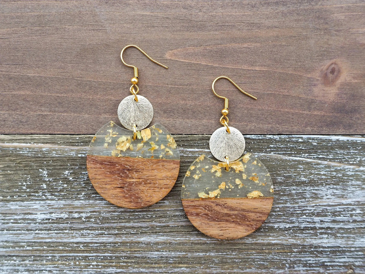 Gold Flakes &amp; Wood Circle Earrings With Disc