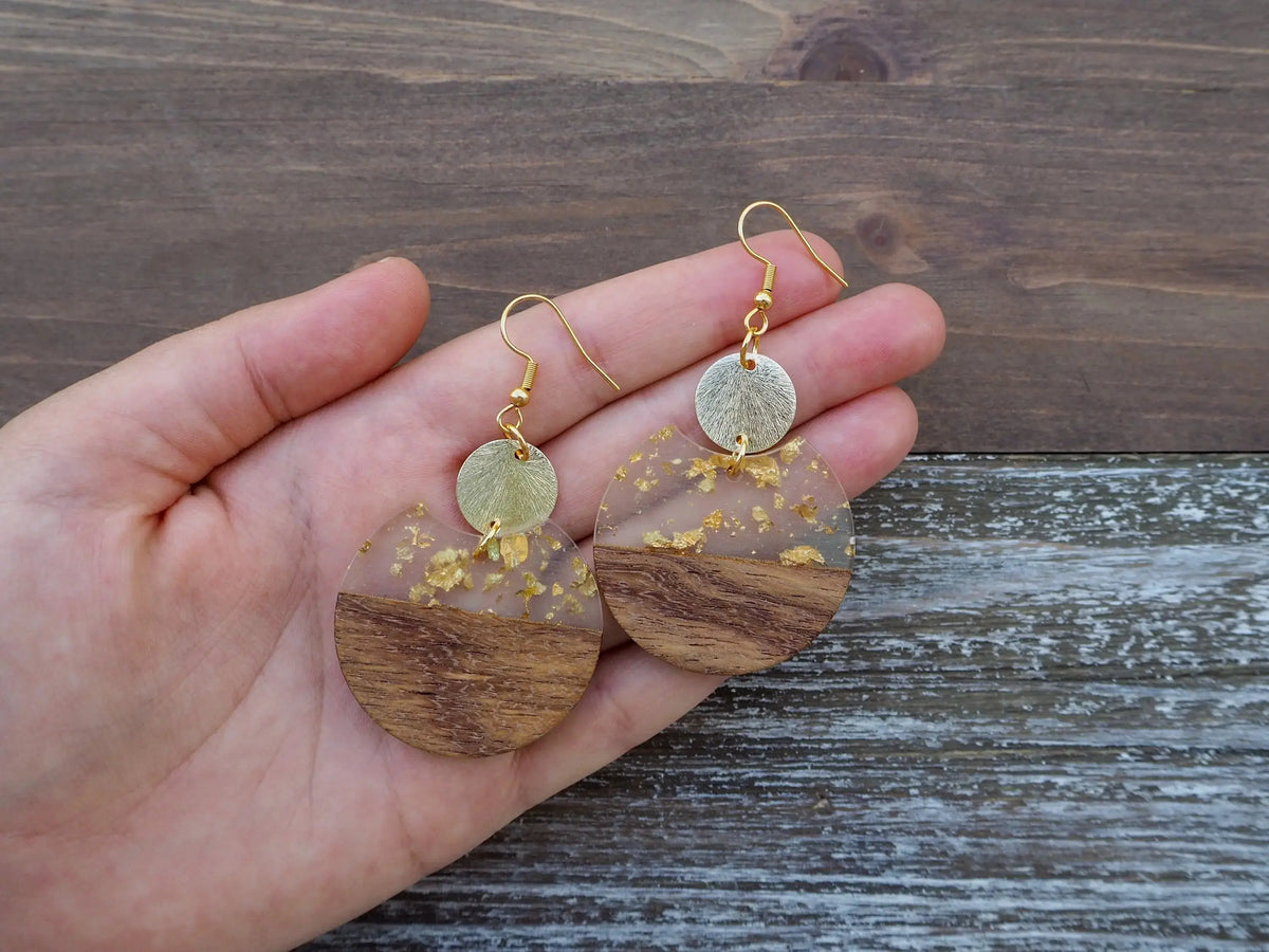 Gold Flakes &amp; Wood Circle Earrings With Disc