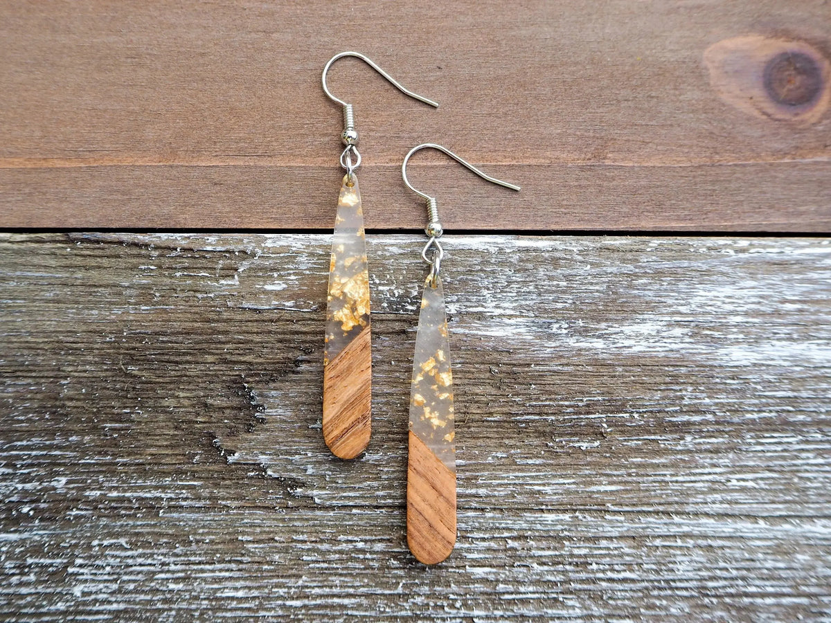 Gold Flakes &amp; Wood Teardrop Bar Earrings