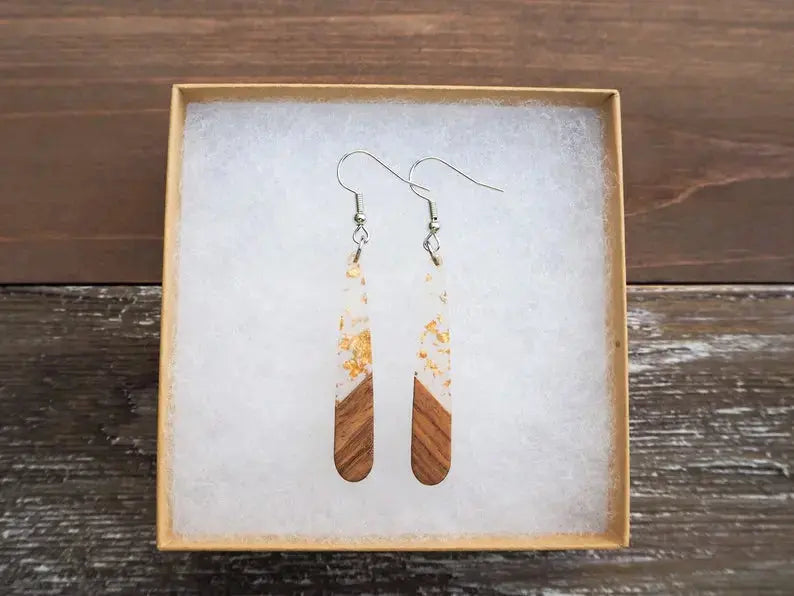 Gold Flakes &amp; Wood Teardrop Bar Earrings