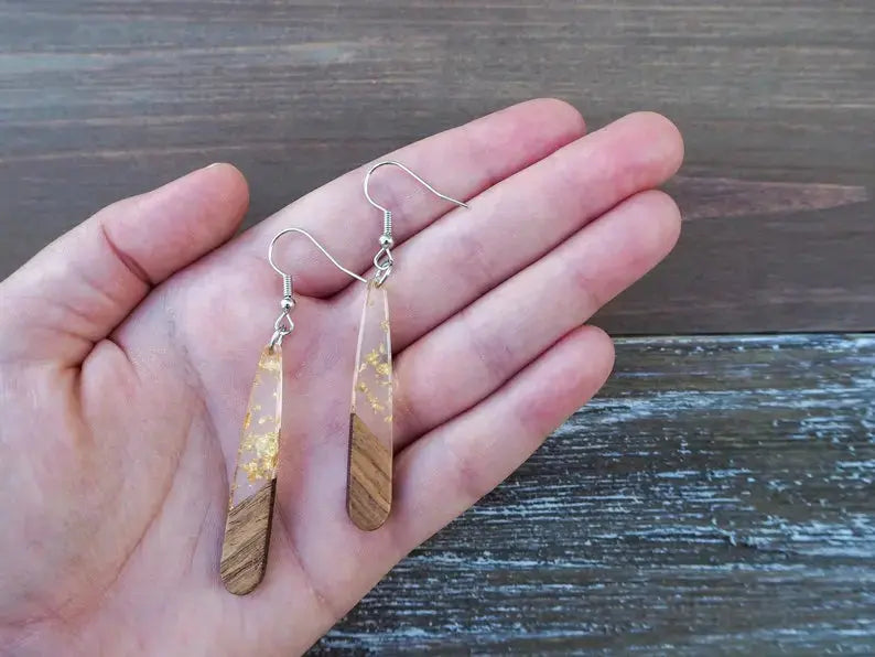 Gold Flakes &amp; Wood Teardrop Bar Earrings