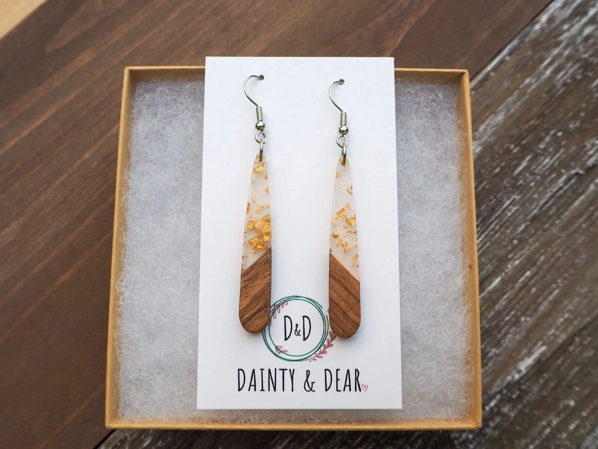 Gold Flakes &amp; Wood Teardrop Bar Earrings