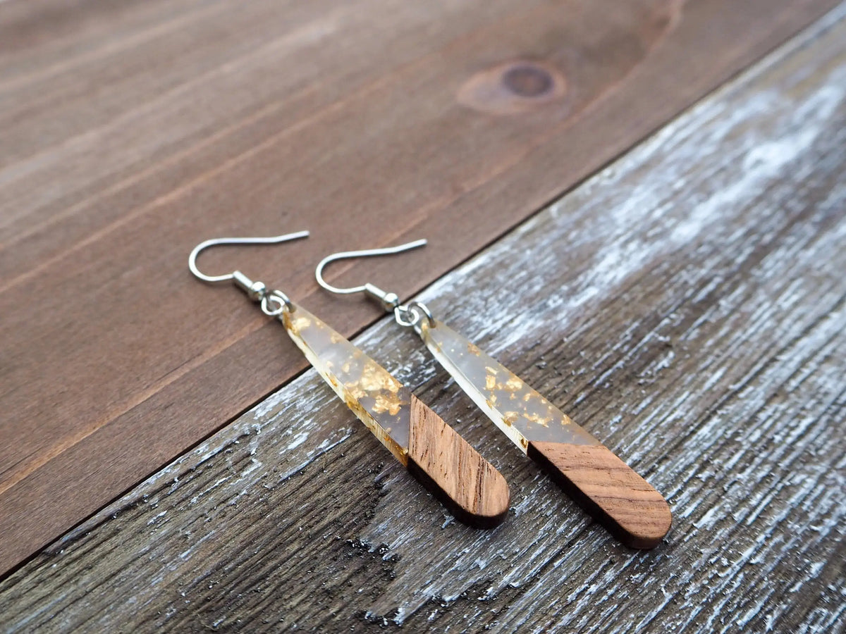 Gold Flakes &amp; Wood Teardrop Bar Earrings