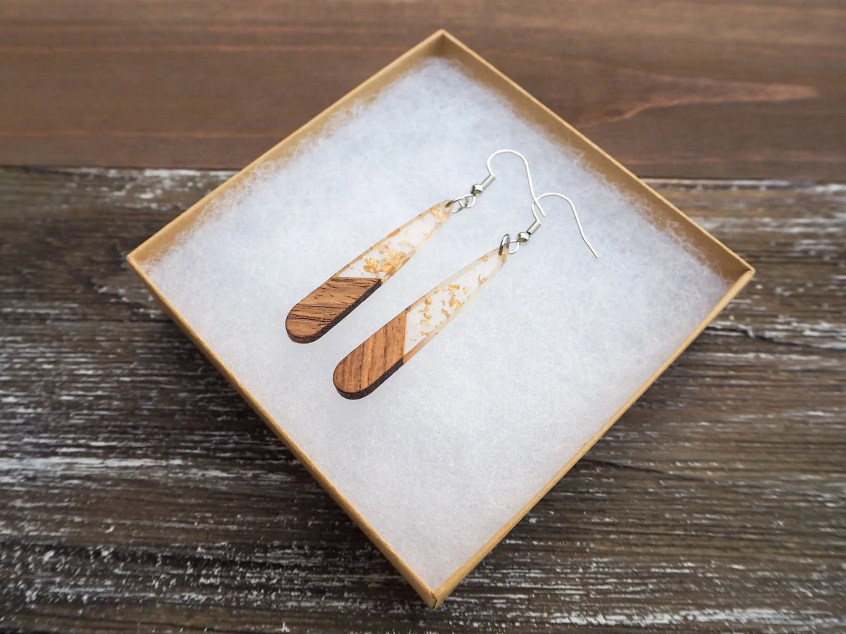 Gold Flakes &amp; Wood Teardrop Bar Earrings