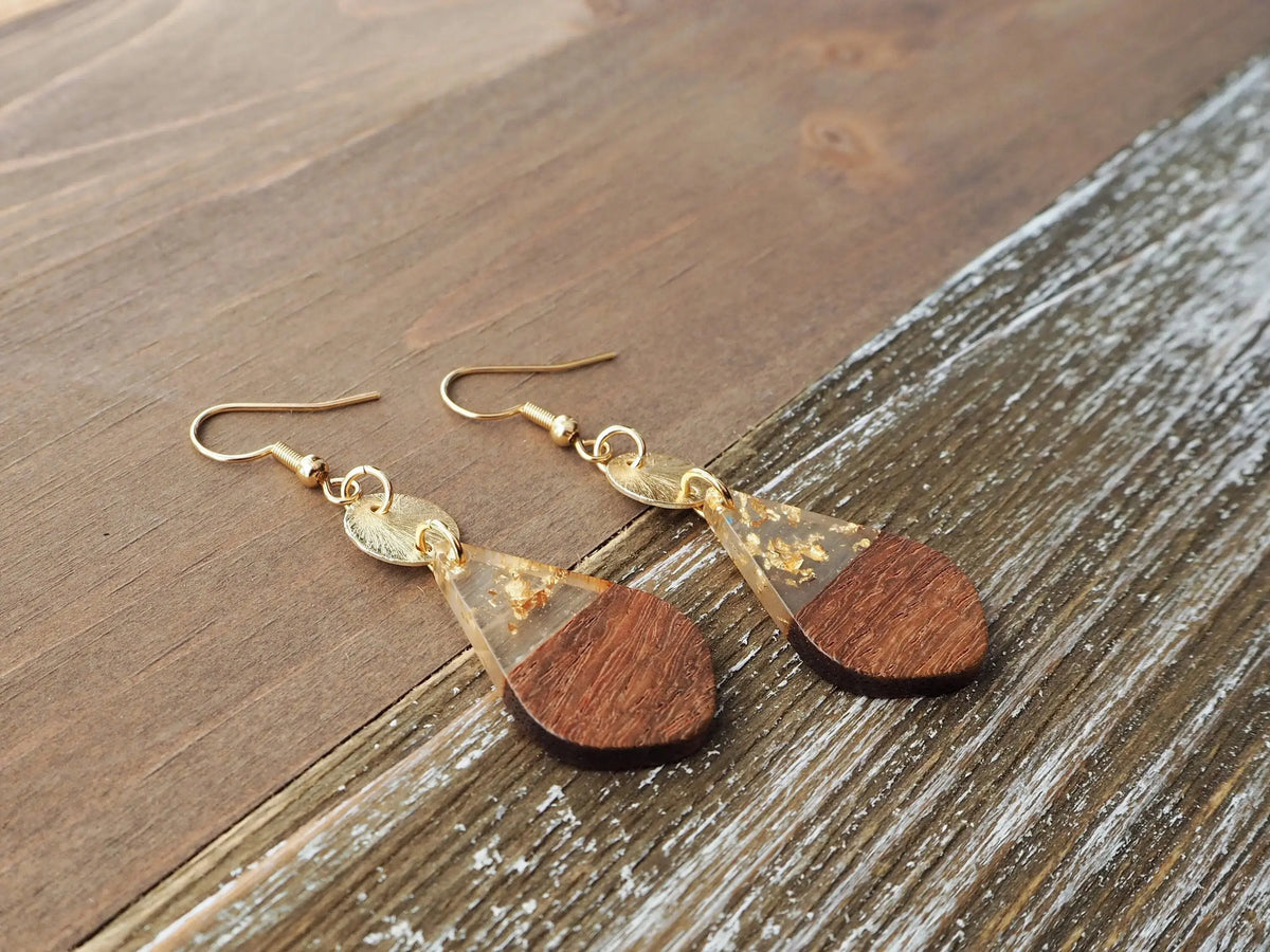 Gold Flakes and Wood Small Teardrop Earrings With Disc