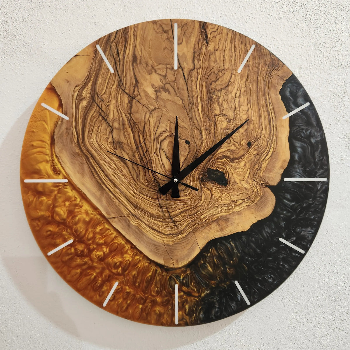 Large Wall Clock, Custom Made Resin &amp; Olive Wood Wall Clock