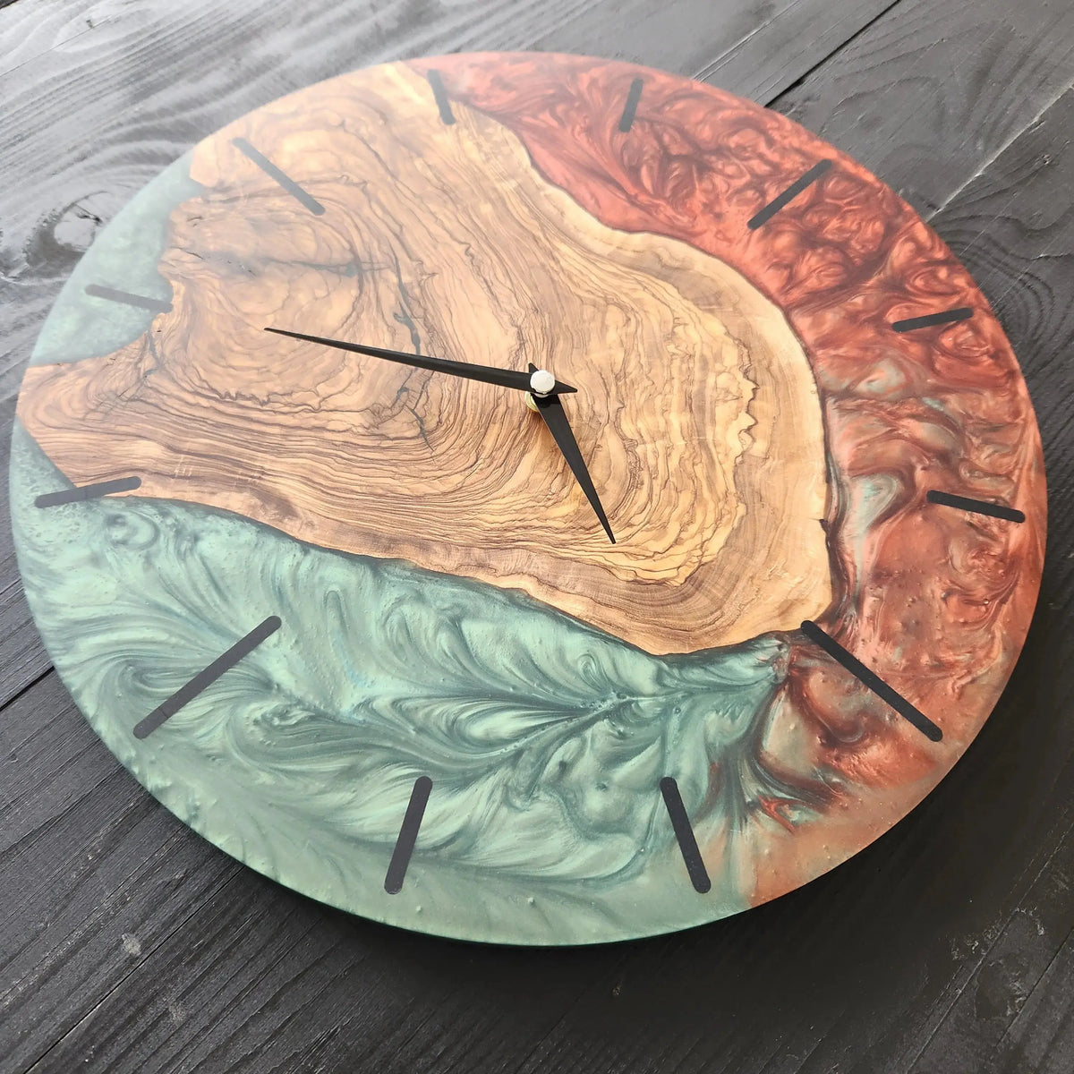 Large Wall Clock, Custom Made Resin &amp; Olive Wood Wall Clock