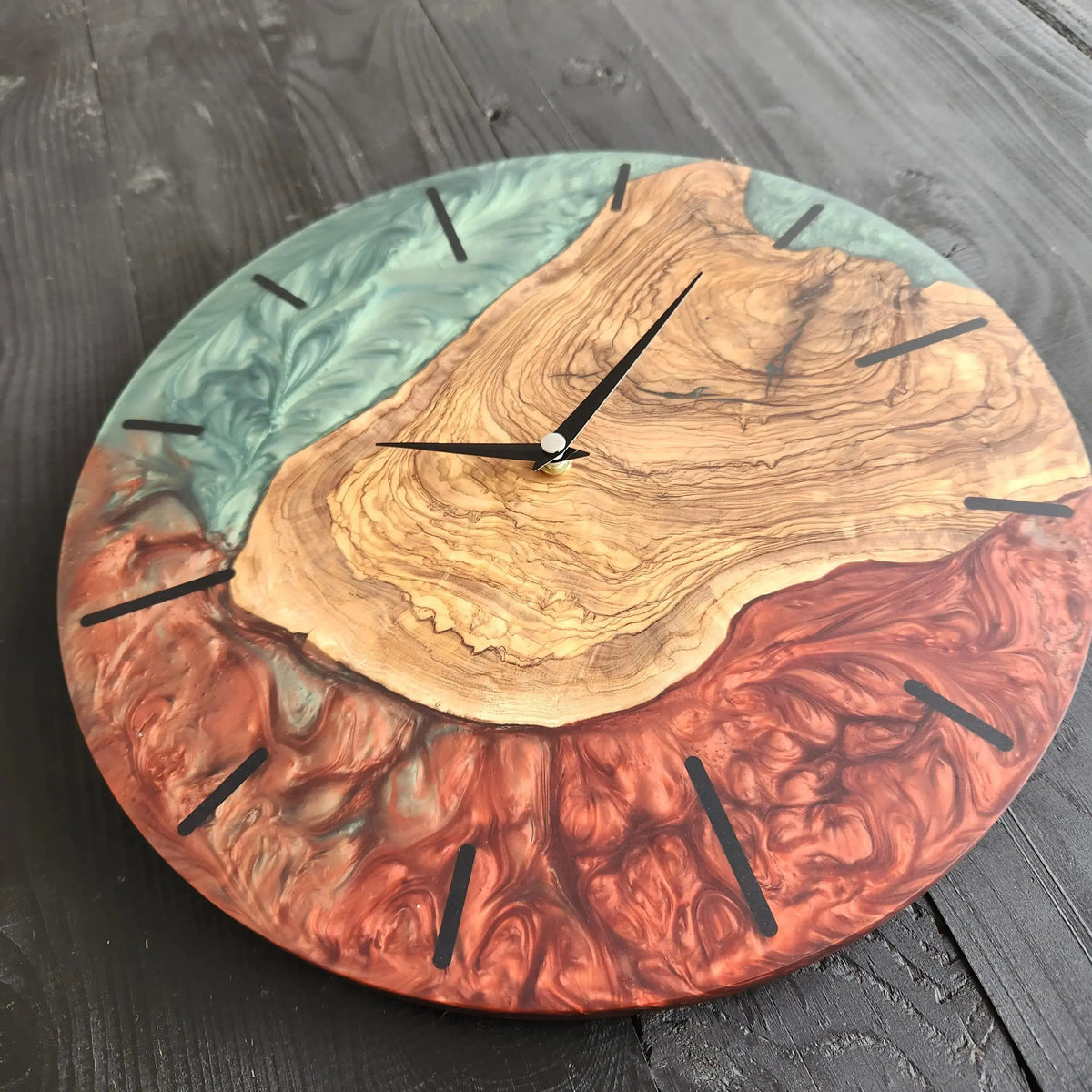 Large Wall Clock, Custom Made Resin &amp; Olive Wood Wall Clock