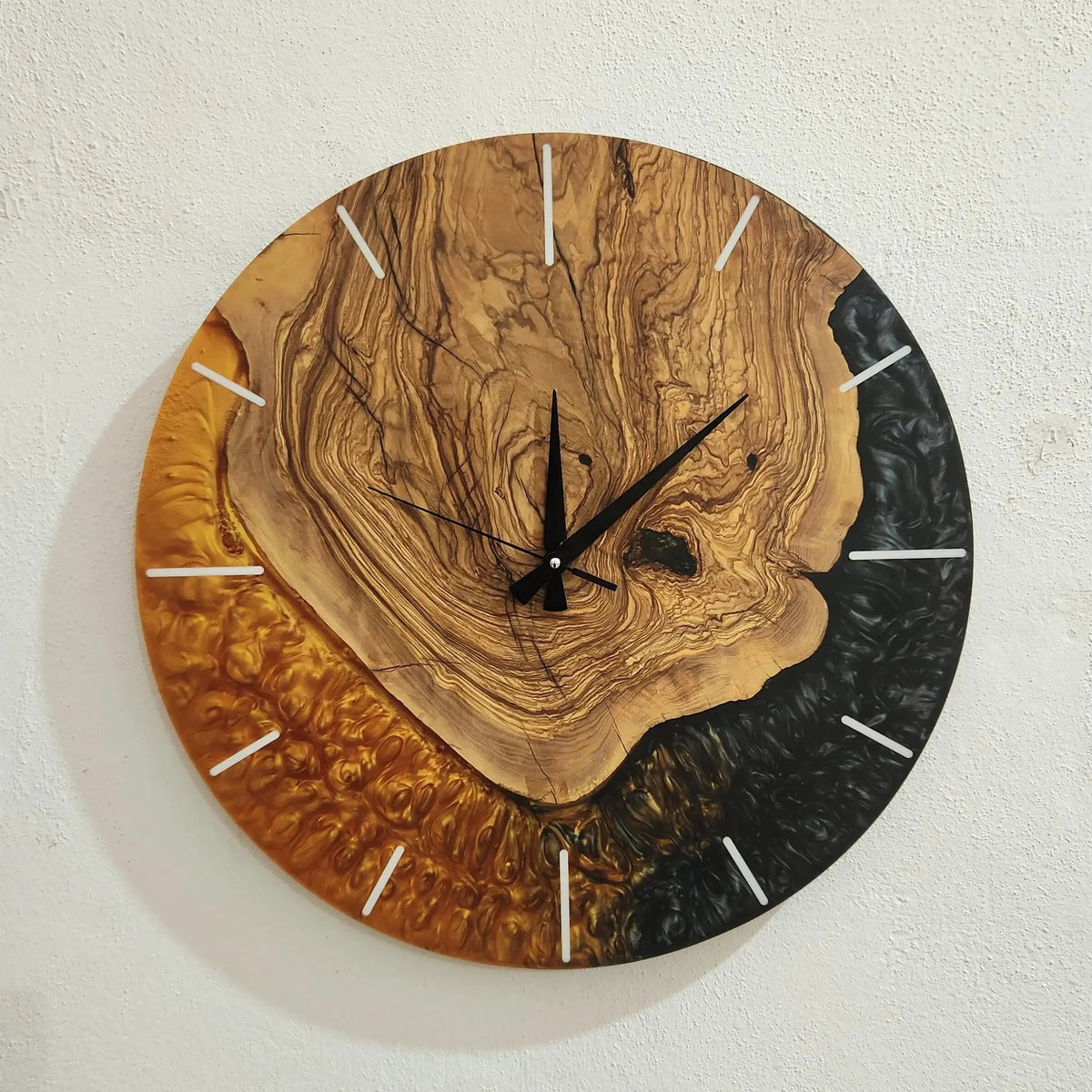 Large Wall Clock, Custom Made Resin &amp; Olive Wood Wall Clock