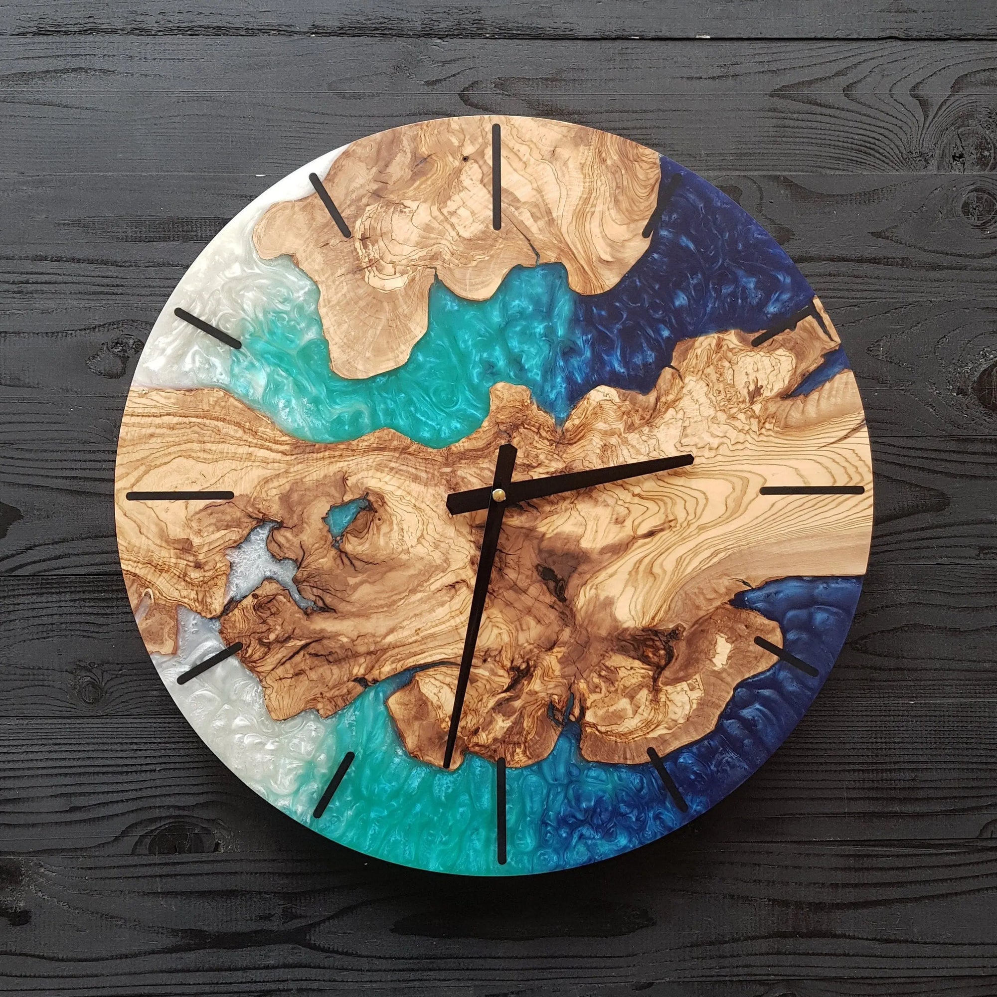 Custom Made Resin & Olive Wood Wall Clock, Made to order Epoxy and Olive Wood Wall Clock, Home gift, Live Edge Rustic Olive Wood Wall Clock On Wooden