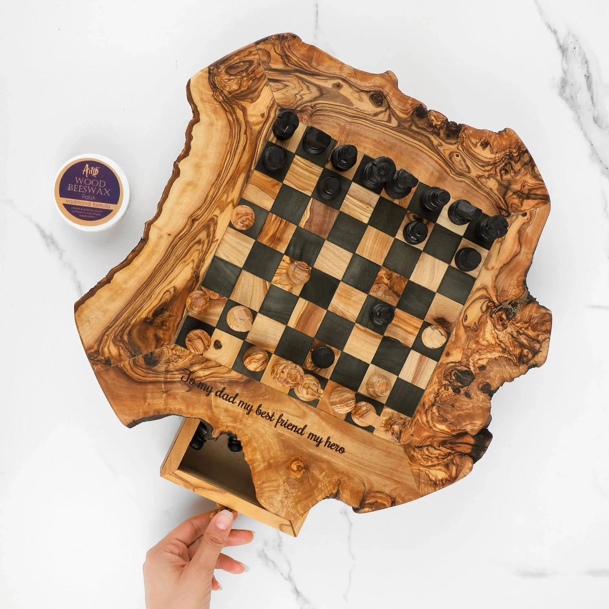 Olive Wood Chess Set handmade with Storage &amp; Rustic Legs