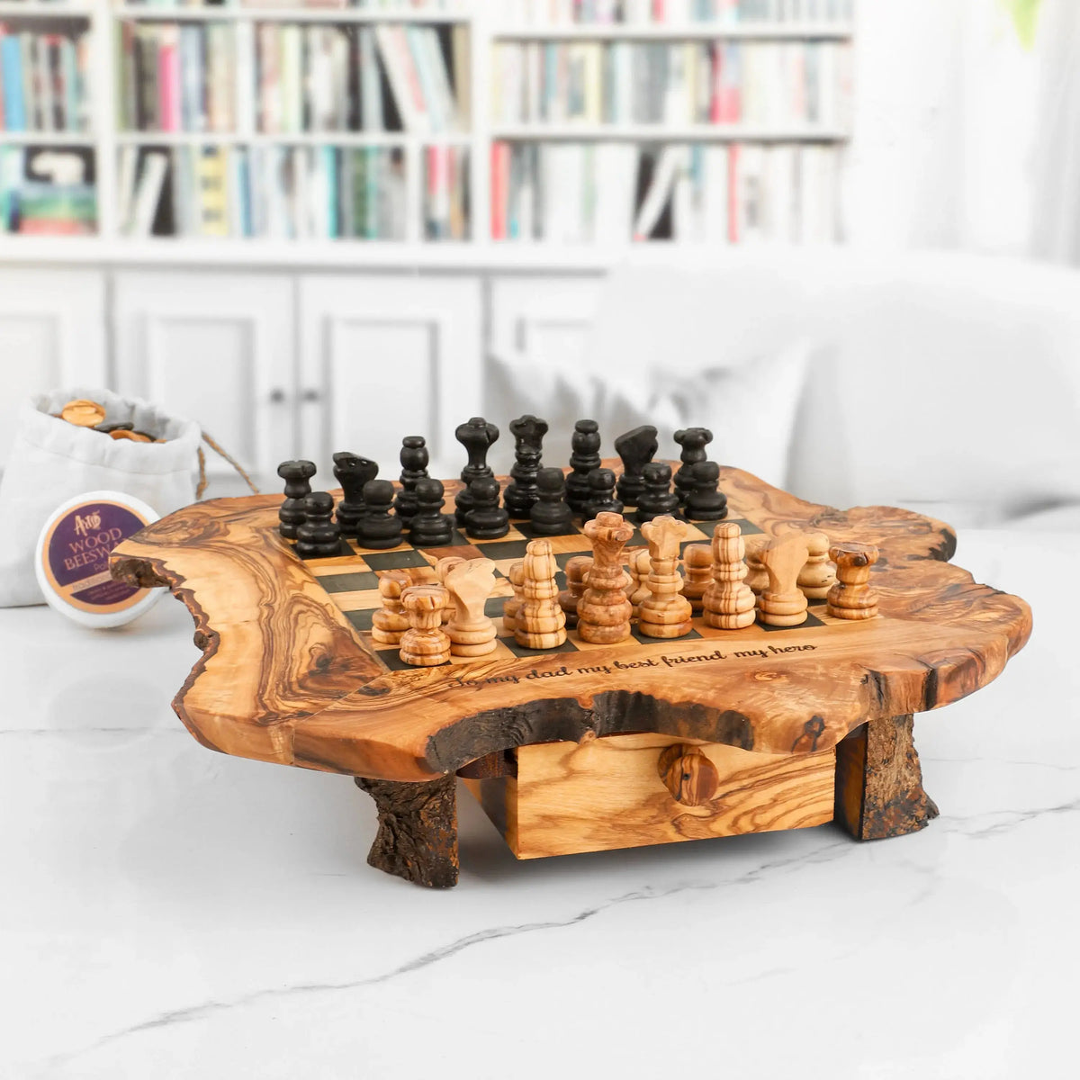 Olive Wood Chess Set handmade with Storage &amp; Rustic Legs