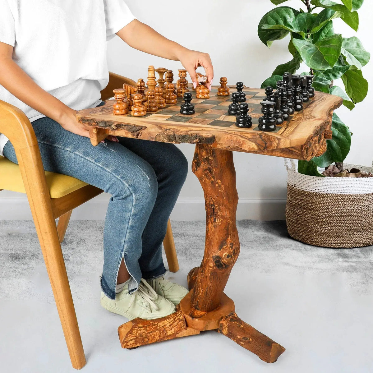 Olive Wood Chess Table with Drawers &amp; Natural Edges