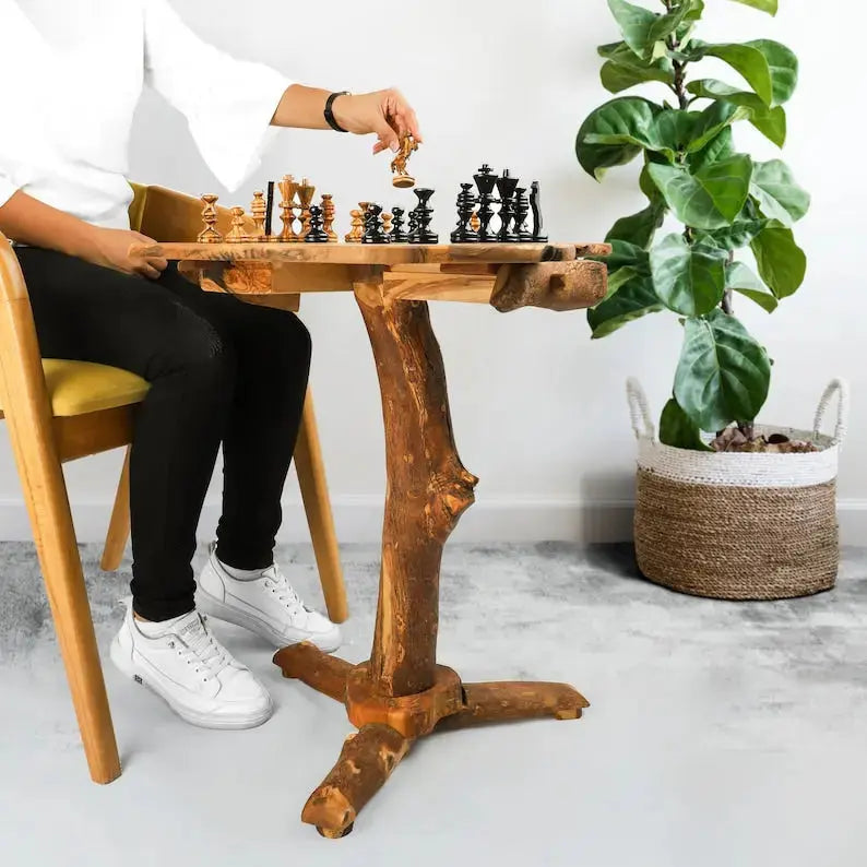 Olive Wood Chess Table with Drawers &amp; Natural Edges