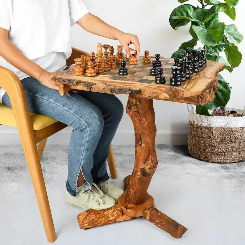 Olive Wood Chess Table with Drawers &amp; Natural Edges