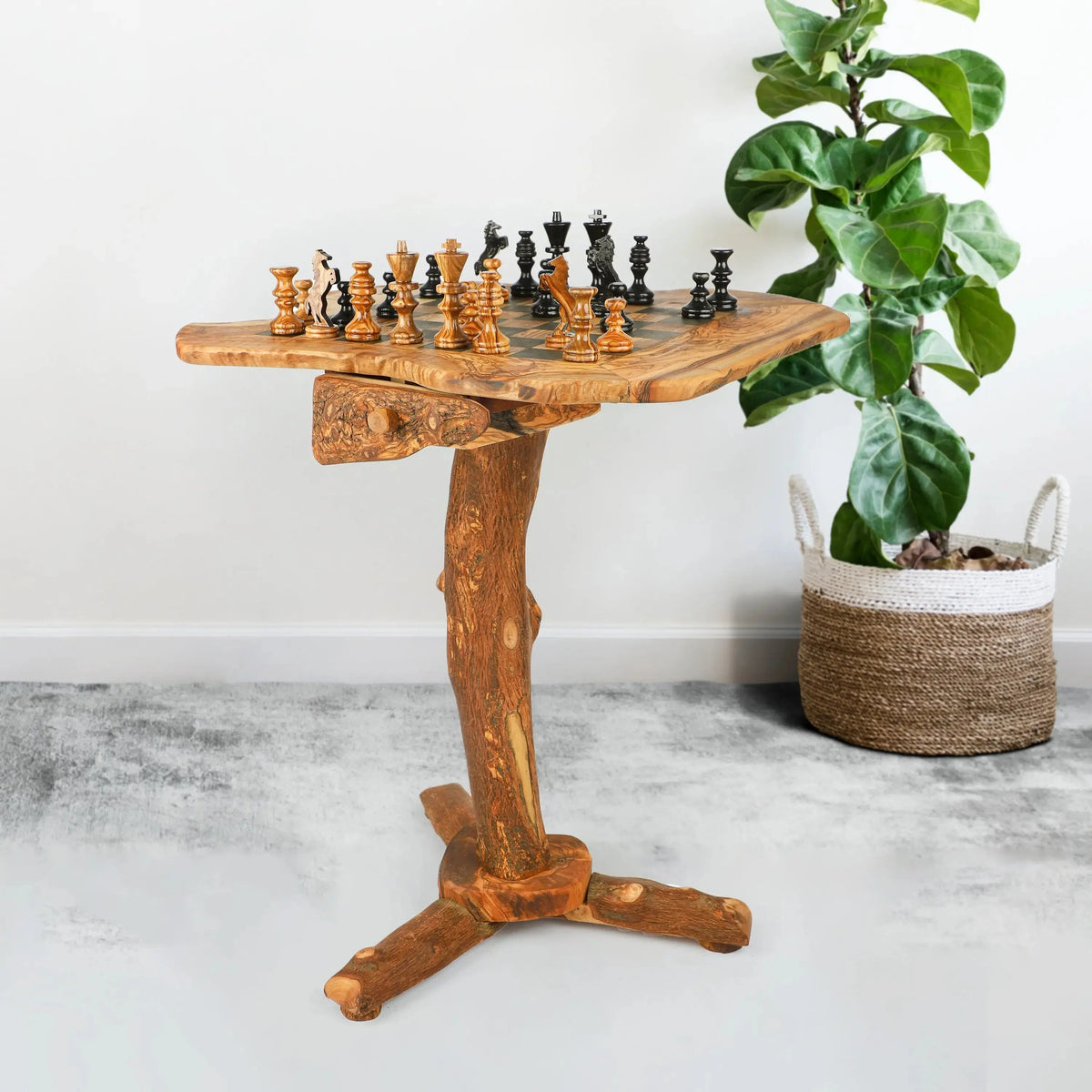 Olive Wood Chess Table with Drawers &amp; Natural Edges