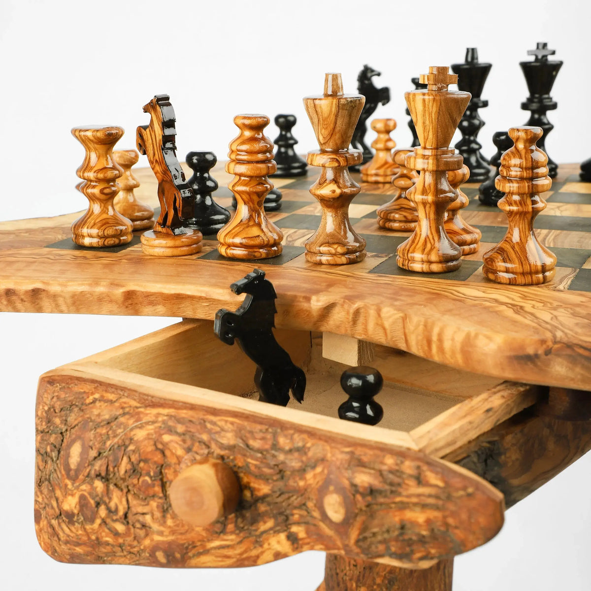 Olive Wood Chess Table with Drawers &amp; Natural Edges