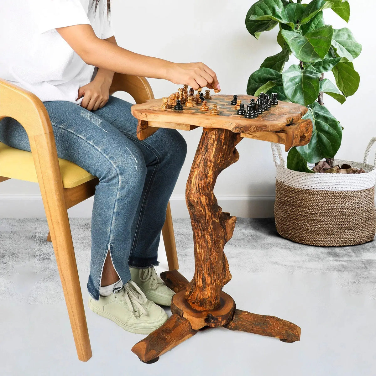 Olive Wood Chess Table with Drawers &amp; Natural Edges