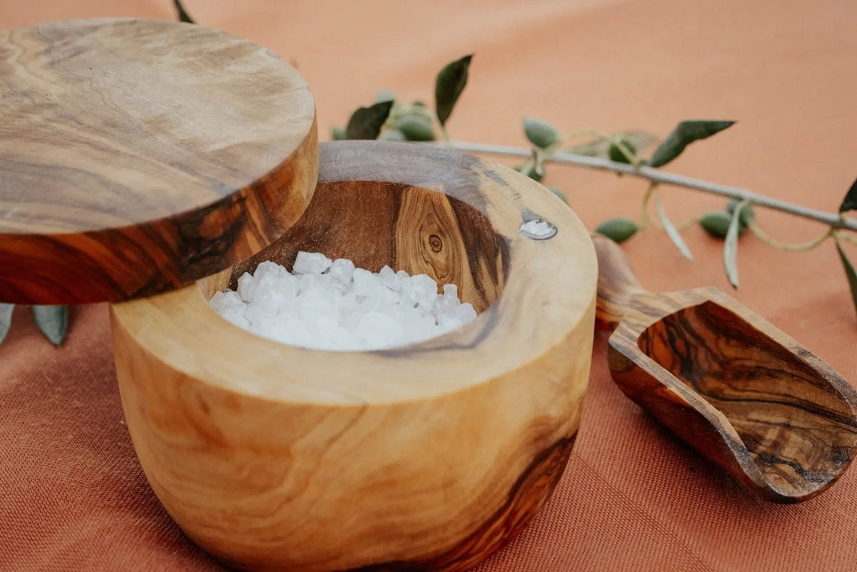 Olive Wood Salt Cellar with Magnetic Lid On Wooden