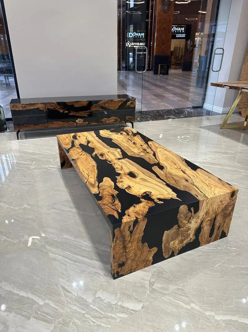 Olive Wood Waterfall Table | Black Resin Coffee Table | Epoxy Resin Waterfal Coffee Table