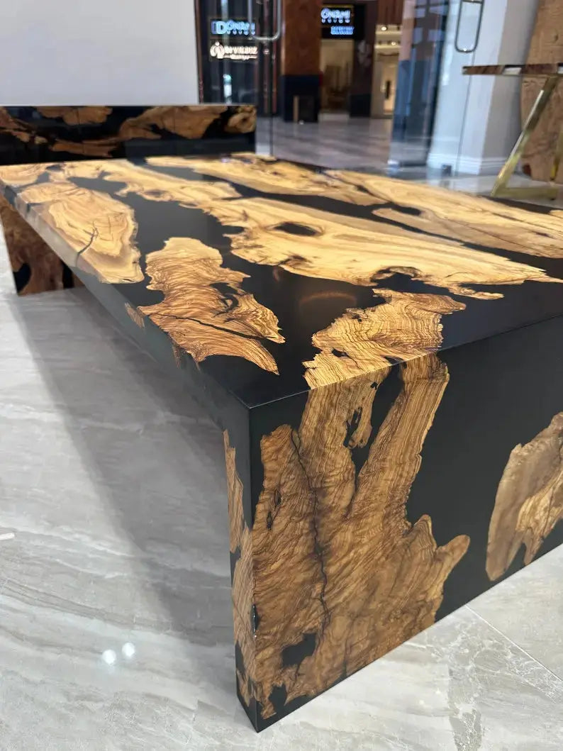 Olive Wood Waterfall Table | Black Resin Coffee Table | Epoxy Resin Waterfal Coffee Table