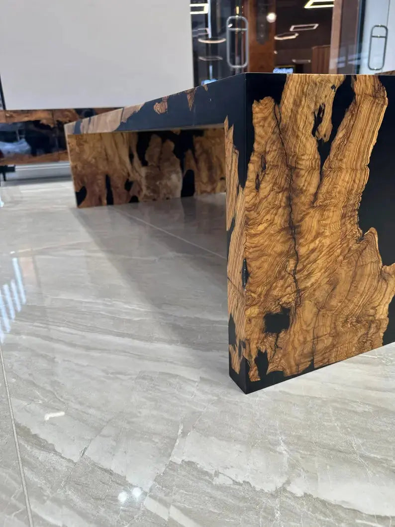 Olive Wood Waterfall Table | Black Resin Coffee Table | Epoxy Resin Waterfal Coffee Table