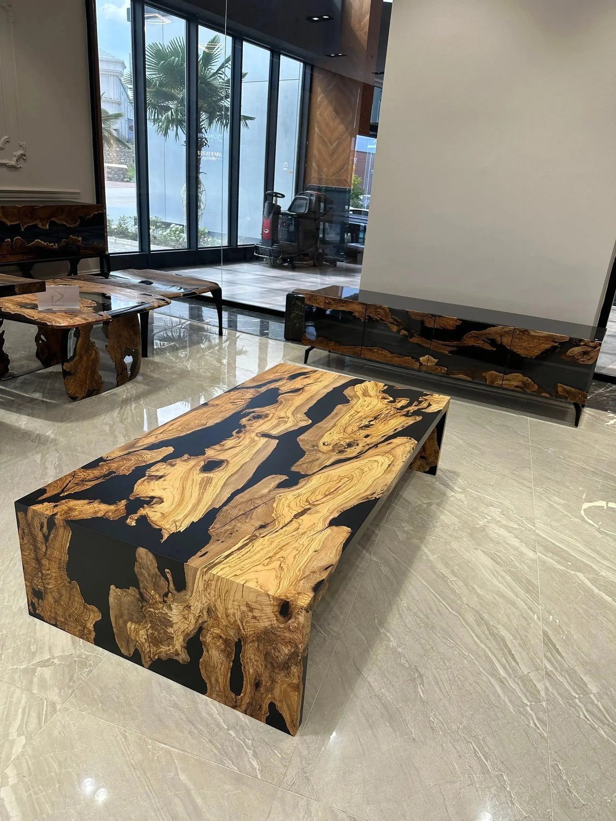 Olive Wood Waterfall Table | Black Resin Coffee Table | Epoxy Resin Waterfal Coffee Table