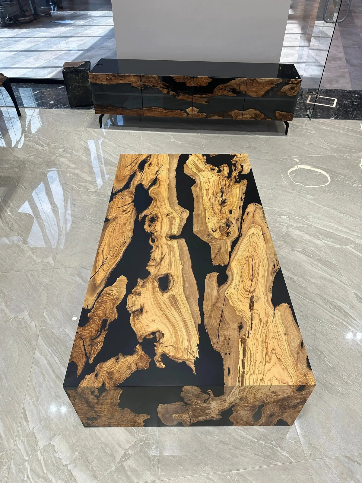 Olive Wood Waterfall Table | Black Resin Coffee Table | Epoxy Resin Waterfal Coffee Table